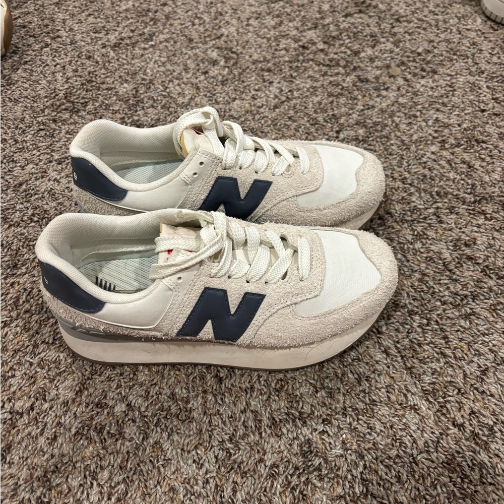 New Balance Cream and Navy Athletic Shoes